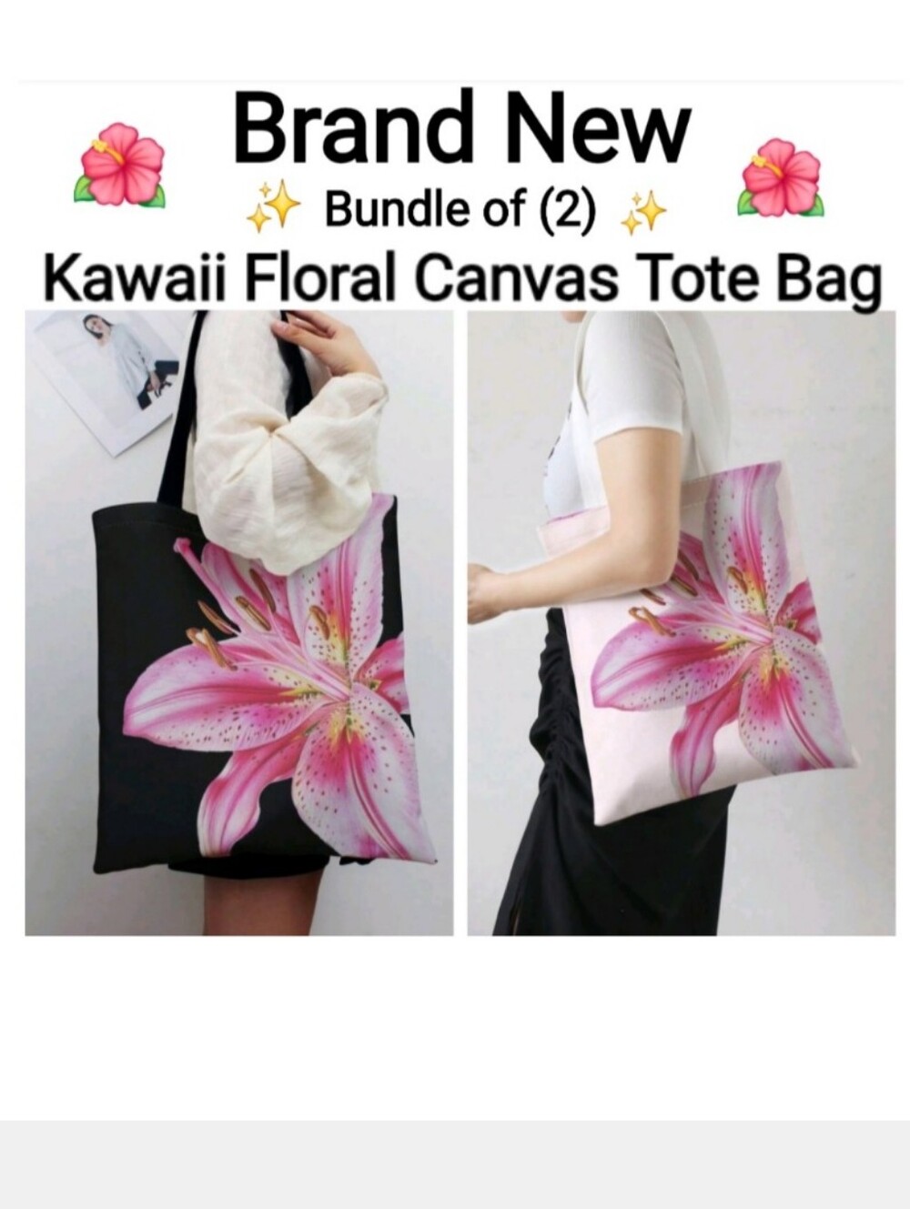 ROMWE Pink Floral Canvas Tote Bag - Pink, Black